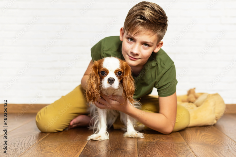 Happy child playing and embracing his puppy indoor. Teen boy with his puppy. Best friend and pet. Lovely dog