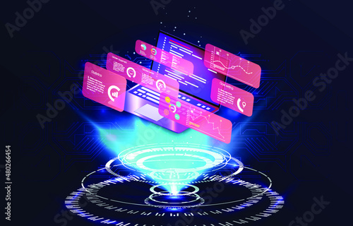 Dashboard Application on laptop with business analytics data, charts. Software development for different devices.  Asset warehouse and inventory management supply chain technology concept. 