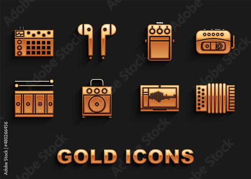 Set Guitar amplifier, Music tape player, Musical instrument accordion, Sound audio recorder laptop, Drum with drum sticks, pedal, machine and Air headphones icon. Vector