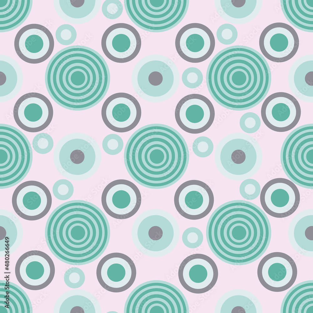 Abstract geometric circle seamless pattern. Green circles on pale pink background.