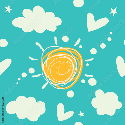 Kids hand drown clouds and sun. Expressive dry brushes seamless pattern.
