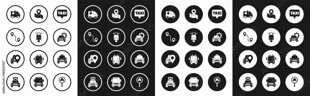 Set Map pointer with taxi, Scooter, Route location, Ambulance and emergency car, Car service, Folded map marker, Taxi and icon. Vector Set Map pointer with taxi, Scooter, Route location, Ambulance and emergency car, Car service, Folded map marker, Taxi and icon. Vector