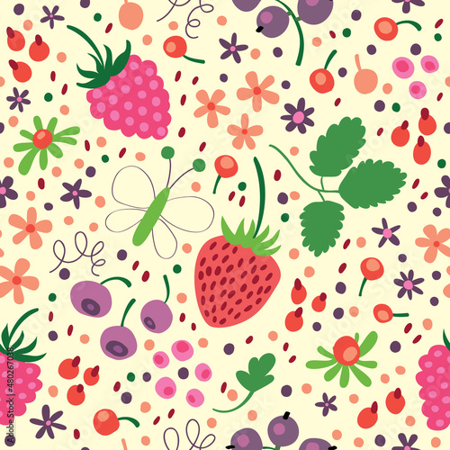 Seamless background with berries: currants, strawberries and raspberries.