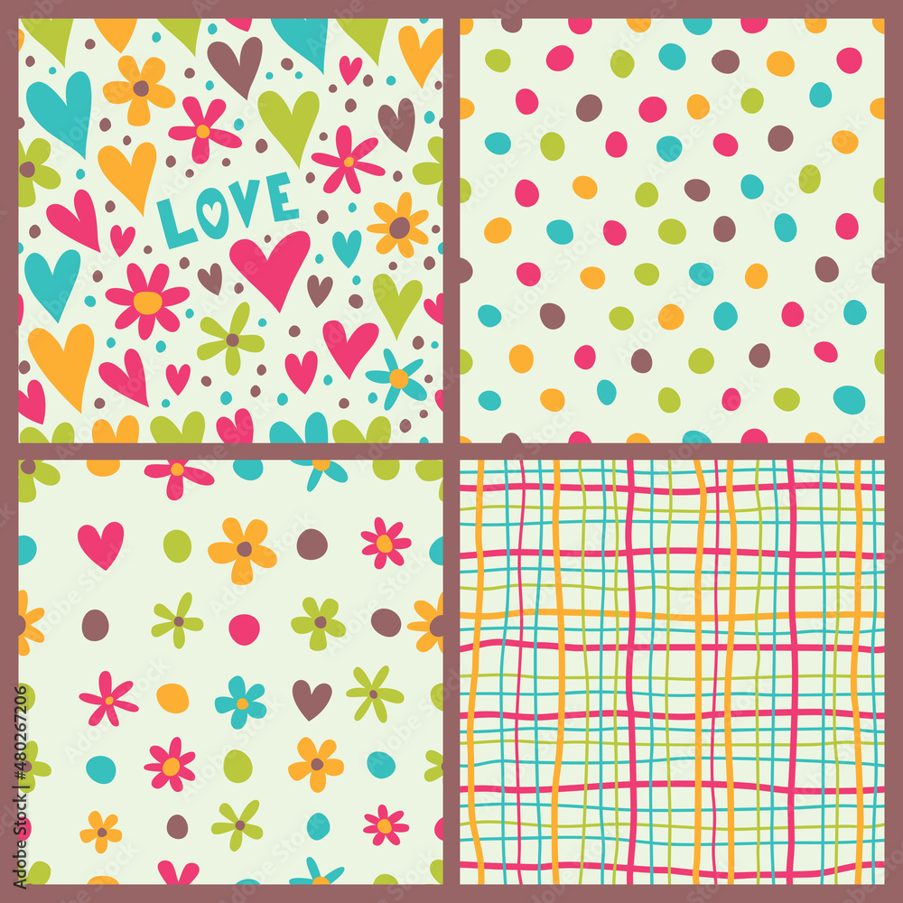 Set of seamless backgrounds with bright hearts, striped and plaid.