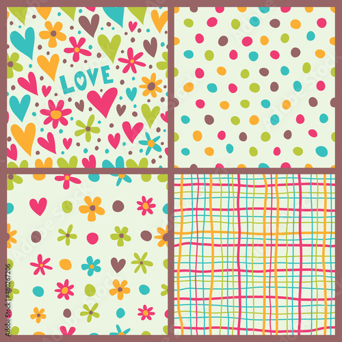 Set of seamless backgrounds with bright hearts, striped and plaid.