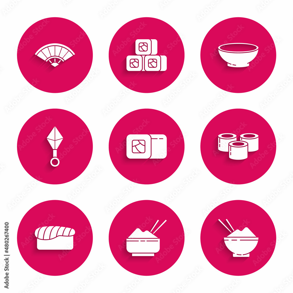Set Sushi, Rice in a bowl with chopstick, Japanese ninja shuriken, Bowl of hot soup and Paper chinese or japanese folding fan icon. Vector