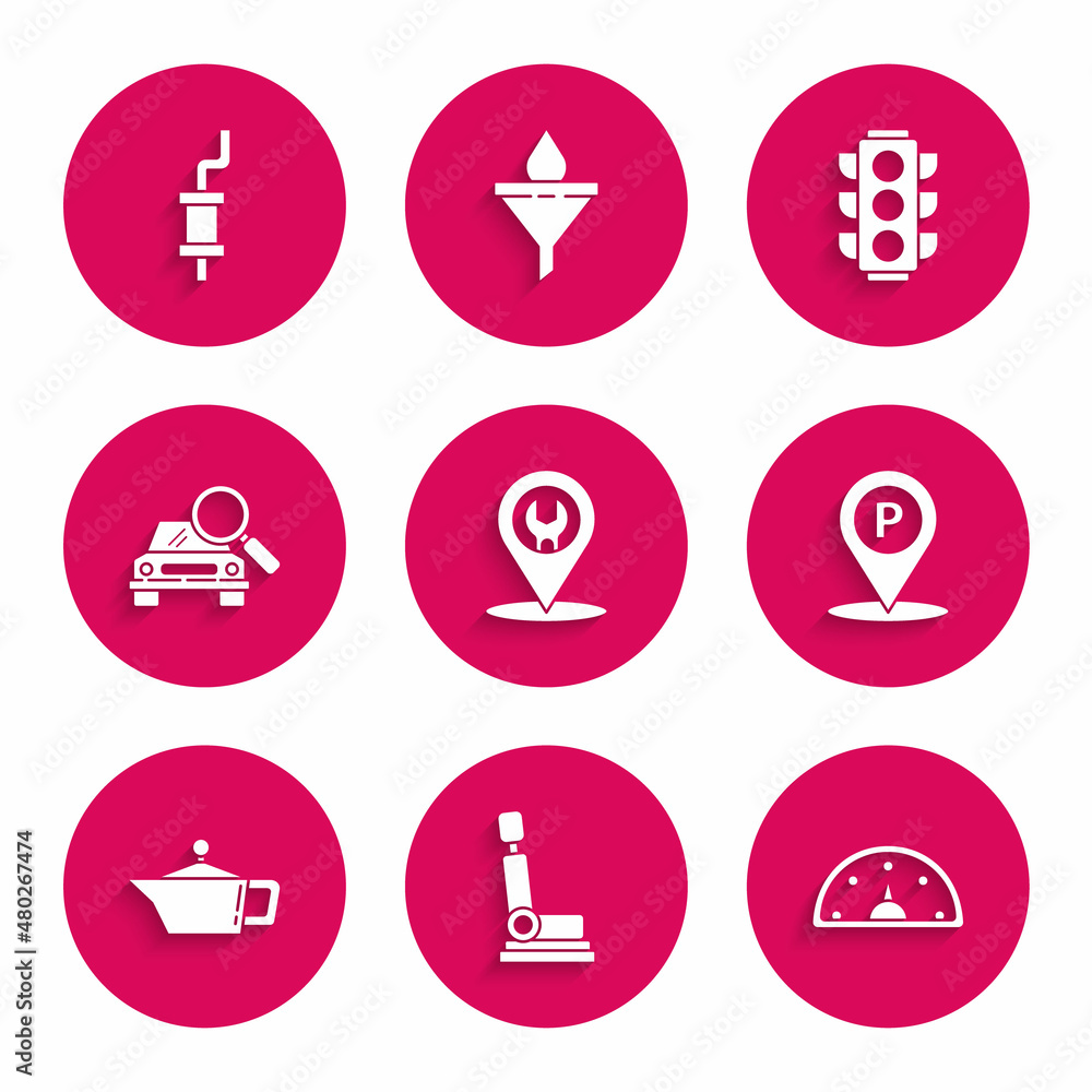 Set Car service, seat, Speedometer, Location with parking, Canister for motor machine oil, search, Traffic light and muffler icon. Vector Set Car service, seat, Speedometer, Location with parking, Canister for motor machine oil, search, Traffic light and muffler icon. Vector