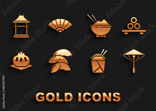 Set Chinese fortune cookie, Japanese umbrella from the sun, Asian noodles paper box and chopsticks, Khinkali, Rice bowl with, Gate and Paper chinese japanese folding fan icon. Vector © Oksana