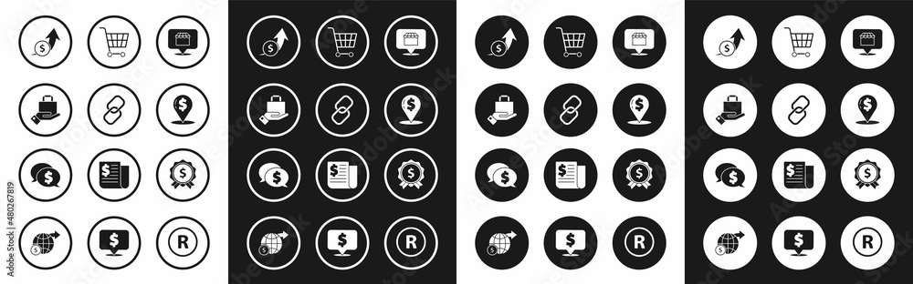 Set Online shopping concept, Chain link, Hand and paper bag, Financial growth coin, Cash location, Shopping cart, Price tag with dollar and Speech bubble icon. Vector Set Online shopping concept, Chain link, Hand and paper bag, Financial growth coin, Cash location, Shopping cart, Price tag with dollar and Speech bubble icon. Vector
