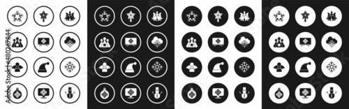 Set Merry Christmas ringing bell, on television, Santa Claus bag gift, Snowflake, Cloud with snow, star, and angel icon. Vector
