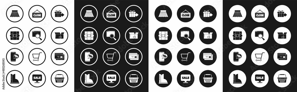 Set Gift box, Search in a browser window, Skirt, Carton cardboard, Hanging sign with Closed, Credit and Percent discount and phone icon. Vector Set Gift box, Search in a browser window, Skirt, Carton cardboard, Hanging sign with Closed, Credit and Percent discount and phone icon. Vector