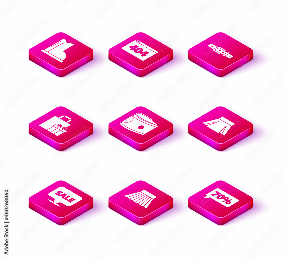 Set Hanging sign with Sale, Skirt, Gift box, Stacks paper money cash, Seventy discount percent tag, Leather belt and Page 404 error icon. Vector Set Hanging sign with Sale, Skirt, Gift box, Stacks paper money cash, Seventy discount percent tag, Leather belt and Page 404 error icon. Vector