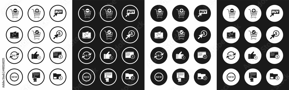 Set Buy button, Shopping cart with check mark, Laptop and cursor, Remove shopping, Cursor coin, Add, Online screen and Clock 24 hours icon. Vector Set Buy button, Shopping cart with check mark, Laptop and cursor, Remove shopping, Cursor coin, Add, Online screen and Clock 24 hours icon. Vector