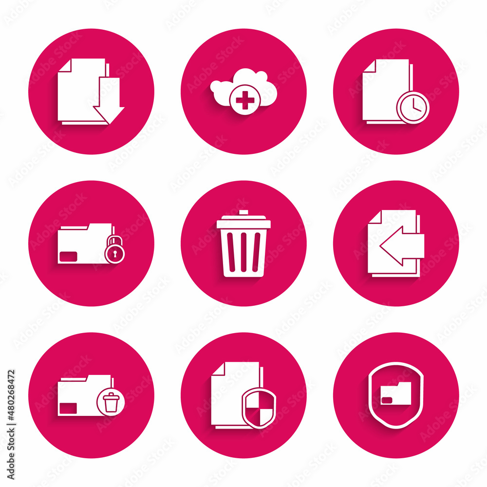 Set Trash can, Document protection concept, folder, Next page arrow, Delete, Folder and lock, with clock and download icon. Vector Set Trash can, Document protection concept, folder, Next page arrow, Delete, Folder and lock, with clock and download icon. Vector
