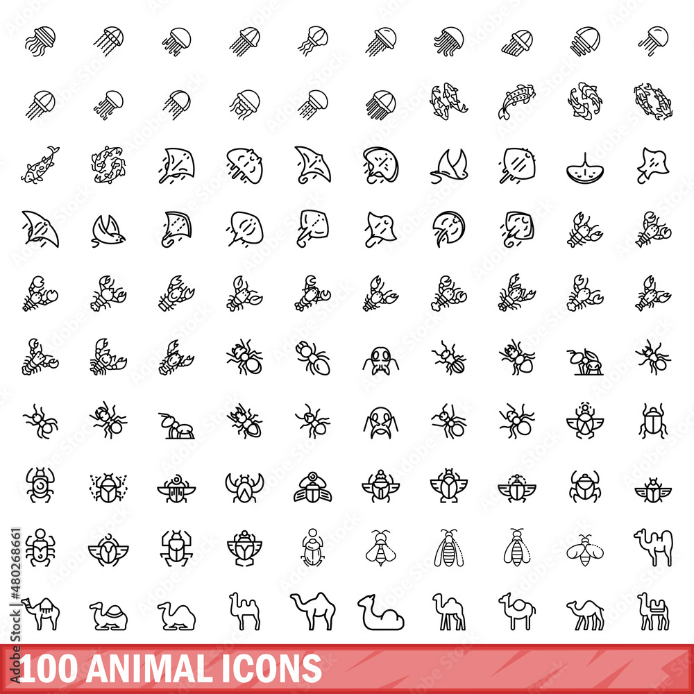 100 animal icons set. Outline illustration of 100 animal icons vector set isolated on white background 100 animal icons set. Outline illustration of 100 animal icons vector set isolated on white background