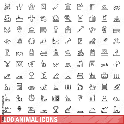 100 animal icons set. Outline illustration of 100 animal icons vector set isolated on white background