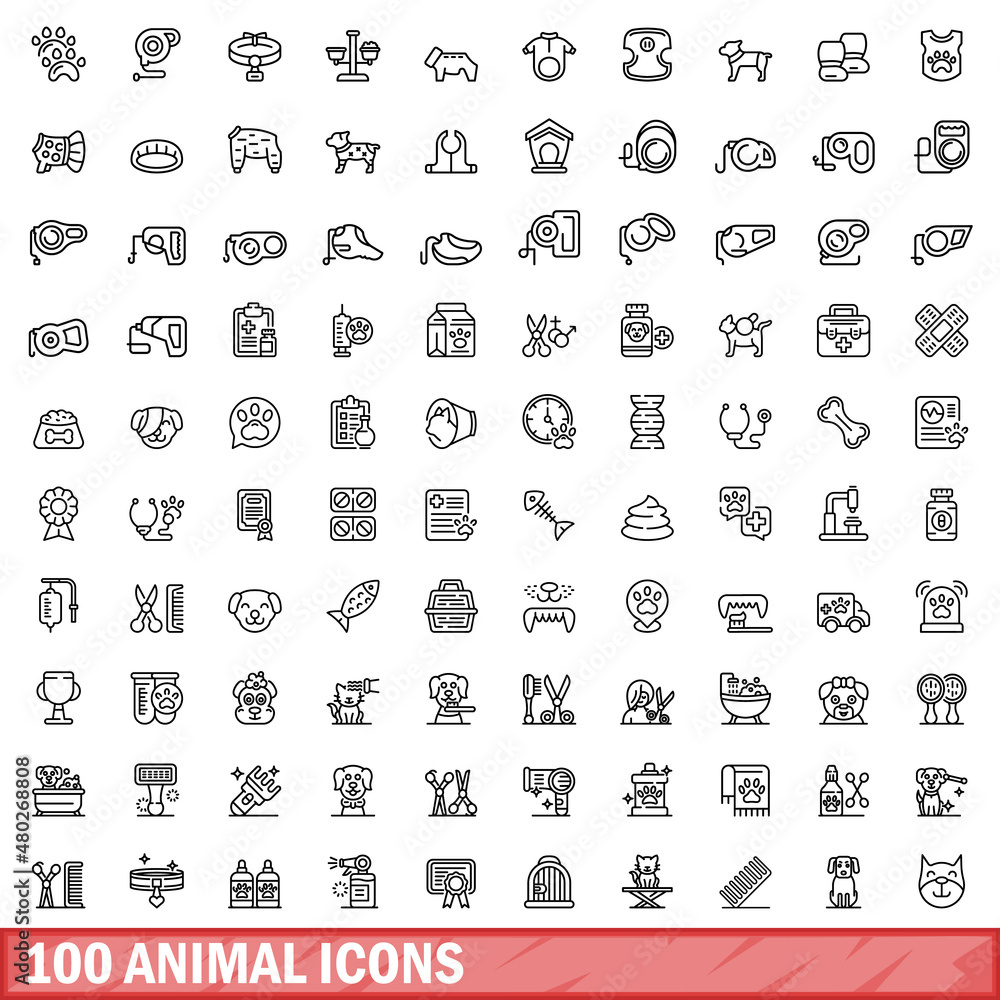 100 animal icons set. Outline illustration of 100 animal icons vector set isolated on white background