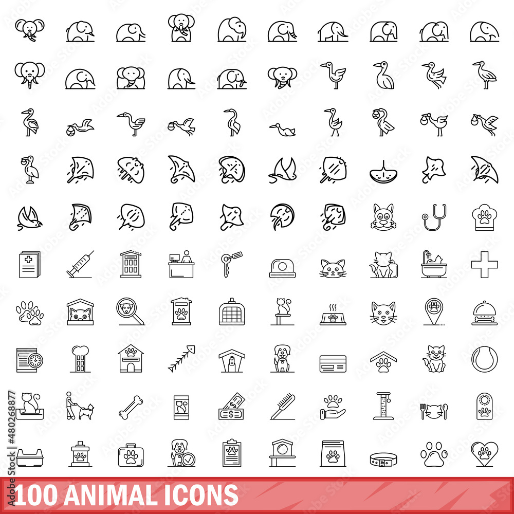 Fototapeta premium 100 animal icons set. Outline illustration of 100 animal icons vector set isolated on white background