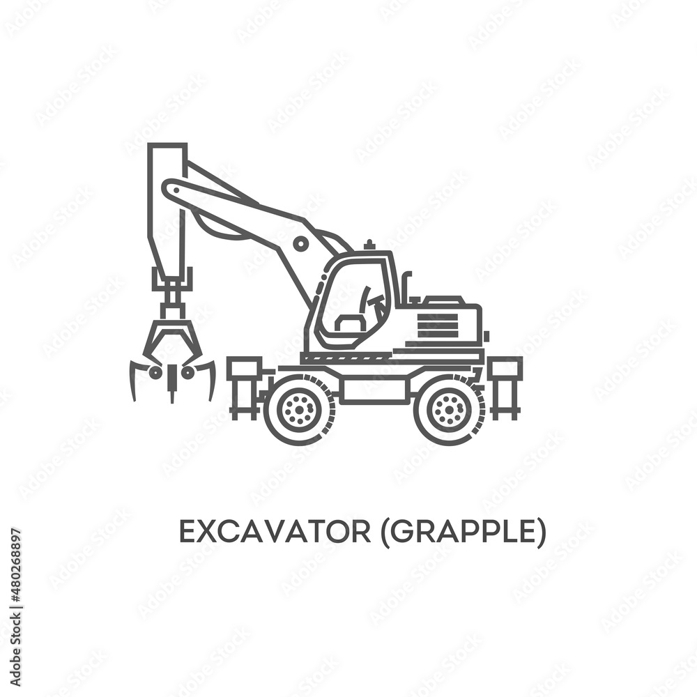 Excavator grapple. Industrial transport. Industrial machinery icon. Vector symbol