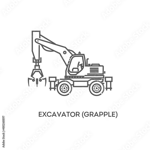 Excavator grapple. Industrial transport. Industrial machinery icon. Vector symbol