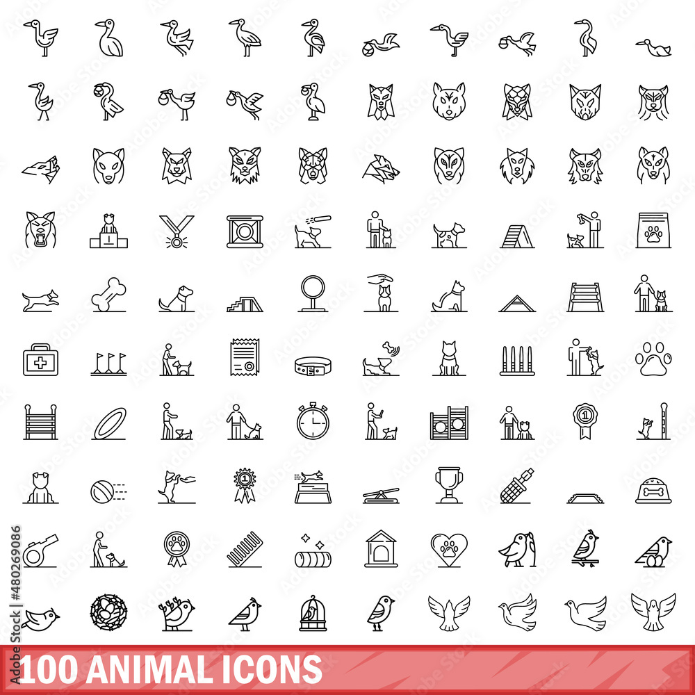 Fototapeta premium 100 animal icons set. Outline illustration of 100 animal icons vector set isolated on white background