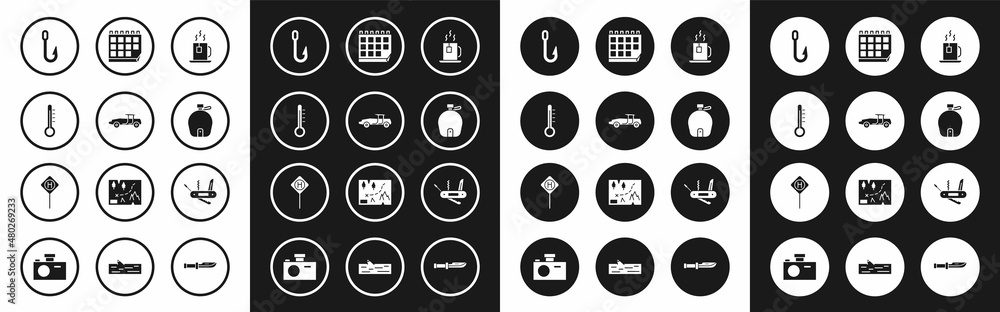 Set Cup of tea with tea bag, Car, Meteorology thermometer, Fishing hook, Canteen water bottle, Calendar, Swiss army knife and Parking icon. Vector Set Cup of tea with tea bag, Car, Meteorology thermometer, Fishing hook, Canteen water bottle, Calendar, Swiss army knife and Parking icon. Vector