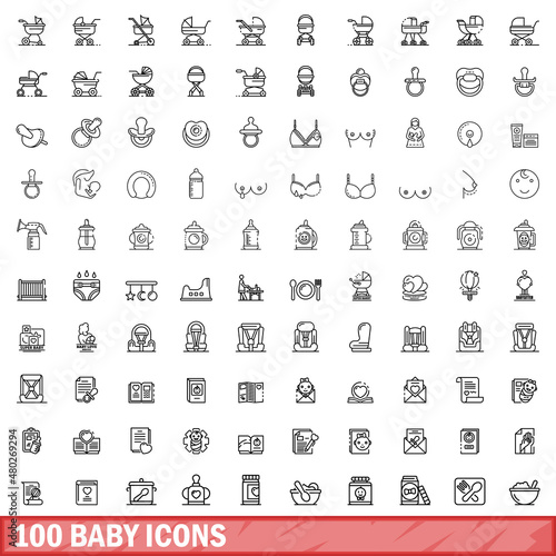 100 baby icons set. Outline illustration of 100 baby icons vector set isolated on white background
