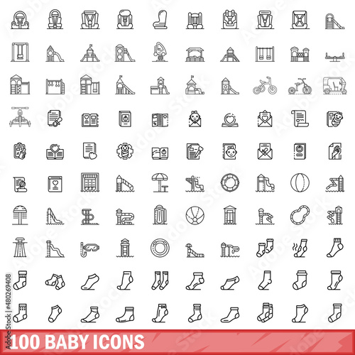 100 baby icons set. Outline illustration of 100 baby icons vector set isolated on white background