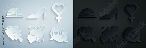 Set Heart, Female gender symbol, and cursor click, Speech bubble with I love you, Woman shoe and Elegant women hat icon. Vector