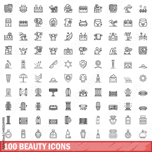 100 beauty icons set. Outline illustration of 100 beauty icons vector set isolated on white background