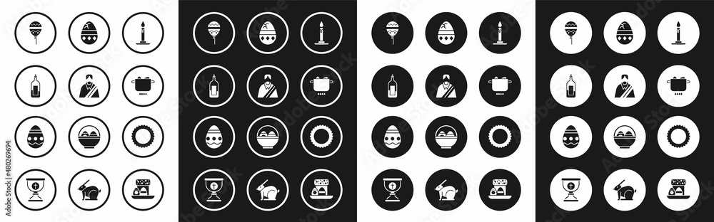 Set Burning candle in candlestick, Jesus Christ, Bottle of wine, Balloons with ribbon, Egg hot pot, Cracked egg, Sun and Easter icon. Vector Set Burning candle in candlestick, Jesus Christ, Bottle of wine, Balloons with ribbon, Egg hot pot, Cracked egg, Sun and Easter icon. Vector