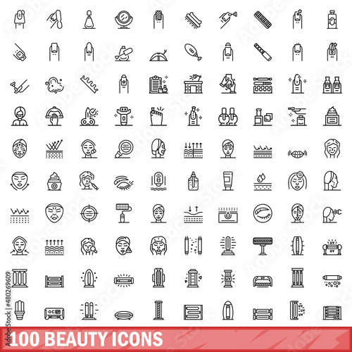 100 beauty icons set. Outline illustration of 100 beauty icons vector set isolated on white background