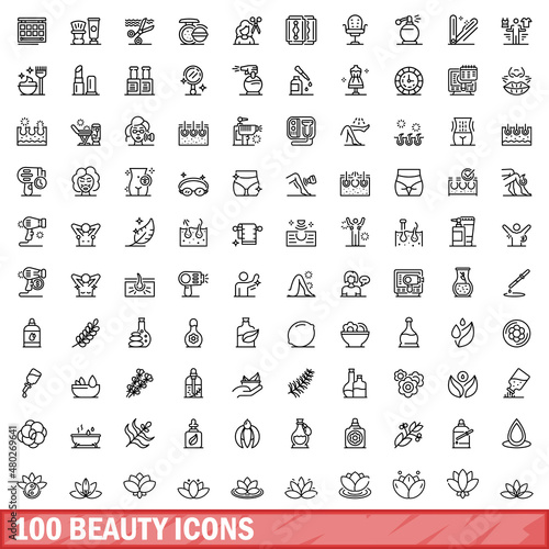 100 beauty icons set. Outline illustration of 100 beauty icons vector set isolated on white background
