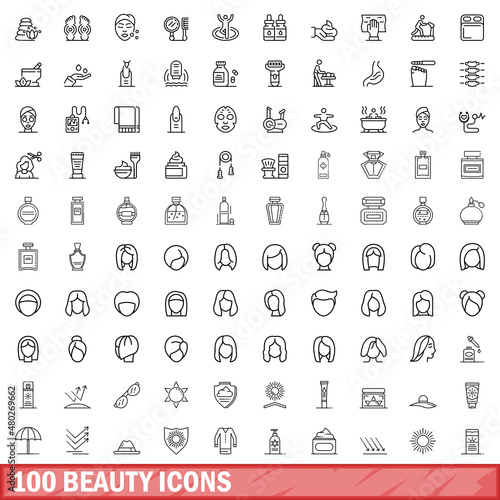 100 beauty icons set. Outline illustration of 100 beauty icons vector set isolated on white background