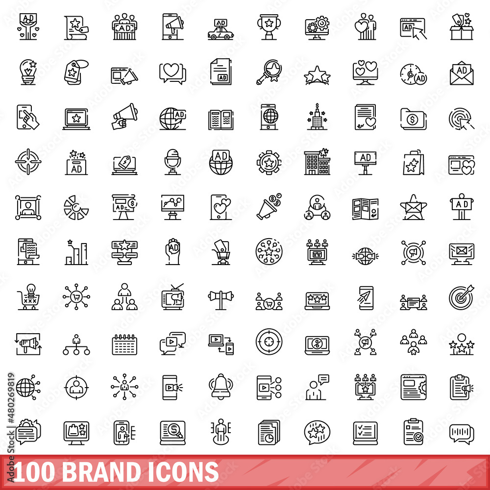 100 brand icons set. Outline illustration of 100 brand icons vector set isolated on white background 100 brand icons set. Outline illustration of 100 brand icons vector set isolated on white background