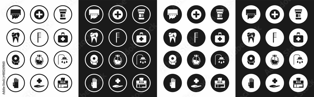 Set Medicine bottle, Hairbrush, Broken tooth, Paper towel dispenser on wall, First aid kit, Cross hospital medical, Shower head and Toilet paper roll icon. Vector