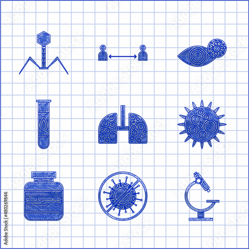 Set Virus cells in lung, Stop virus, Microscope, Medicine bottle and pills, Blood test, Reddish eye due and Bacteria bacteriophage icon. Vector