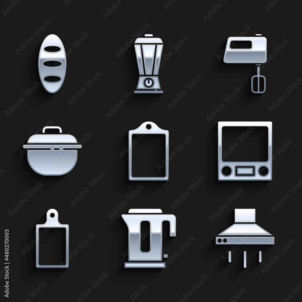 Set Cutting board, Electric kettle, Kitchen extractor fan, Electronic scales, Cooking pot, mixer and Bread loaf icon. Vector Set Cutting board, Electric kettle, Kitchen extractor fan, Electronic scales, Cooking pot, mixer and Bread loaf icon. Vector