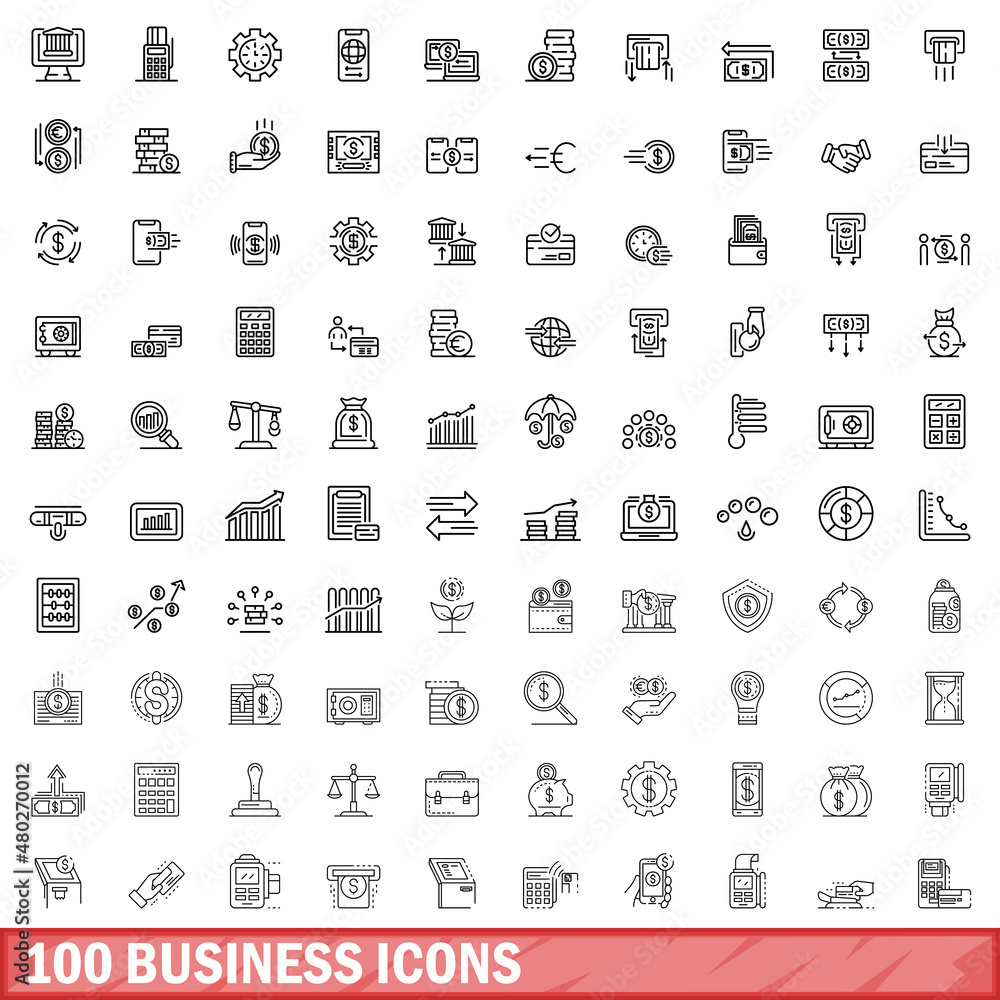 100 business icons set. Outline illustration of 100 business icons vector set isolated on white background 100 business icons set. Outline illustration of 100 business icons vector set isolated on white background
