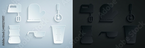 Set Frying pan, Pizza knife, Coffee turk, Measuring cup, Oven glove and Electric mixer icon. Vector