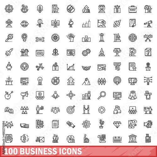 100 business icons set. Outline illustration of 100 business icons vector set isolated on white background