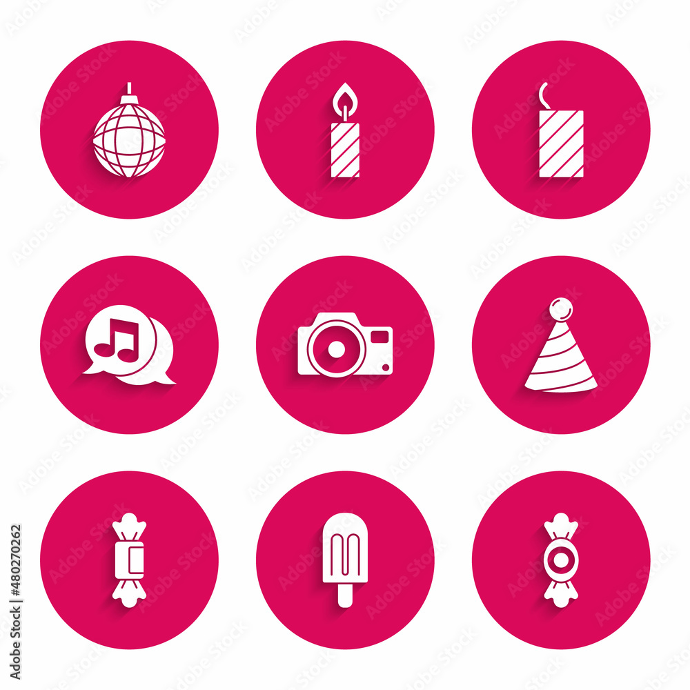Set Photo camera, Ice cream, Candy, Party hat, Musical note in speech bubble, Firework rocket and Disco ball icon. Vector Set Photo camera, Ice cream, Candy, Party hat, Musical note in speech bubble, Firework rocket and Disco ball icon. Vector