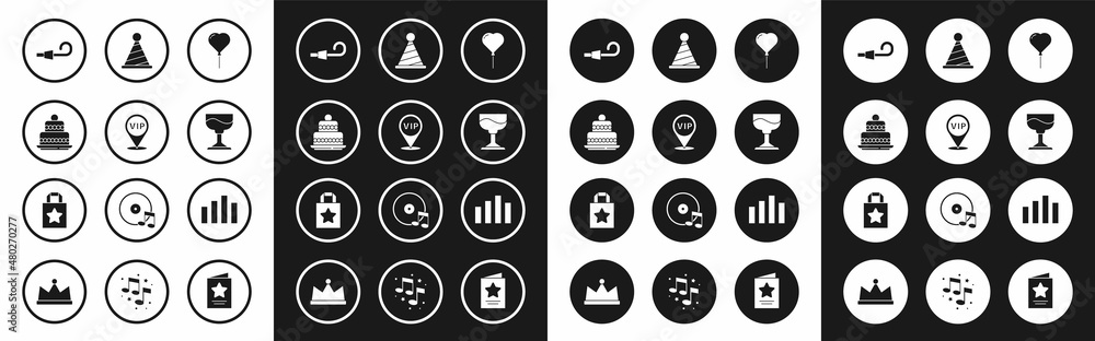 Set Balloon in form of heart, Location Vip, Cake, Birthday party horn, Cocktail, Party hat, Music equalizer and Paper shopping bag icon. Vector Set Balloon in form of heart, Location Vip, Cake, Birthday party horn, Cocktail, Party hat, Music equalizer and Paper shopping bag icon. Vector