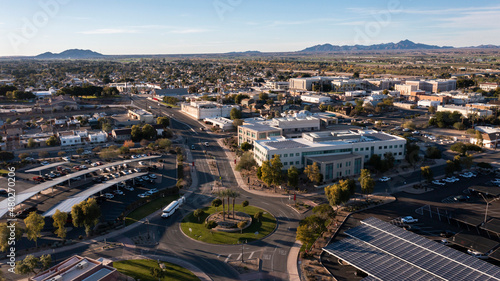 Fototapeta Naklejka Na Ścianę i Meble -  Sunset aerial view of the downtown cityscape of Yuma, Arizona, USA.