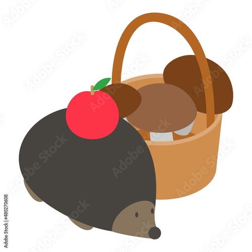 Autumn season icon isometric vector. Hedgehog with red apple and mushroom basket. Forest flora and fauna, autumn nature