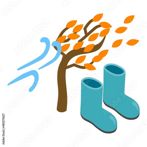 Windy weather icon isometric vector. Gust of wind autumn tree and rubber boot. Autumn stormy weather, seasonal footwear, blue gumboot
