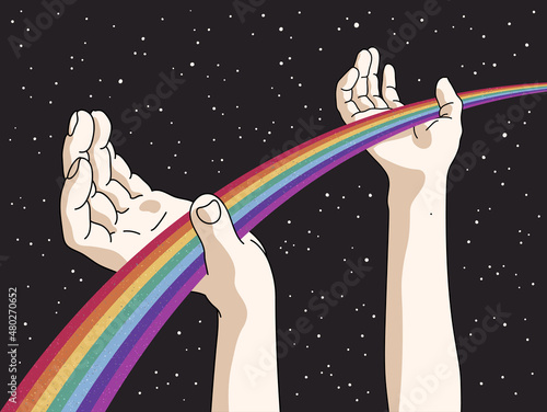 Human hands holding rainbow. Road in starry space. Retro LGBT poster