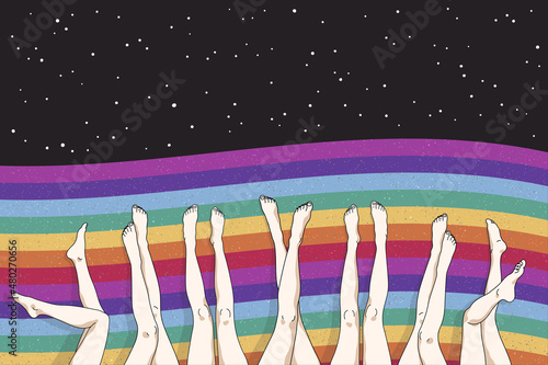 Woman legs on abstract pier. Rainbow in space. Starry sky. LGBT poster