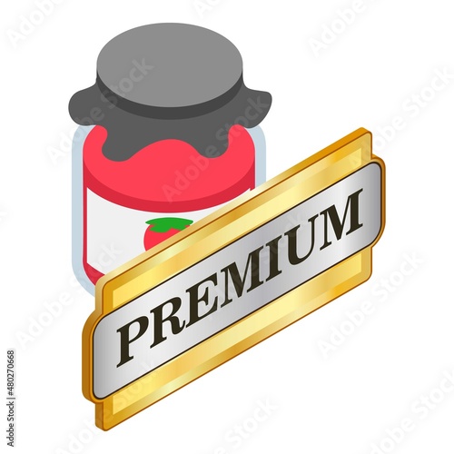 Strawberry jam icon isometric vector. Glass jar with jam inside and premium sign. Harvesting and preparing supplies for winter, berry jelly