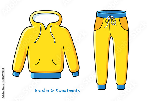 Yellow blue hoodie or sweatshirt and jogger pants or sweatpants isolated cartoon vectors